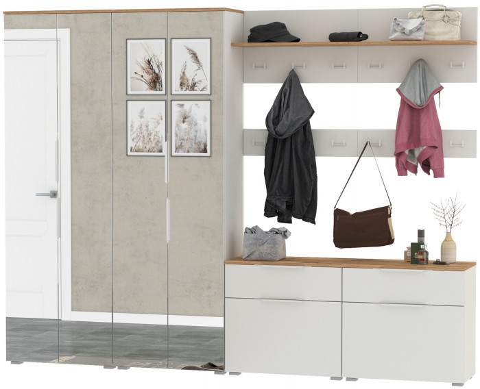 Октава Прихожая 36, цвет белый шагрень/дуб крафт золотой/фасады МДФ белый шагрень, ШхГхВ 258,6х35,4х197,6 см., универсальная сборка