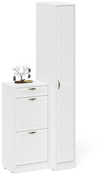 Прихожая П-6 Компоновка № 42, цвет белая шагрень/фасады МДФ белое дерево фрезеровка ромб, ШхГхВ 80х50х210 см., универсальная сборка