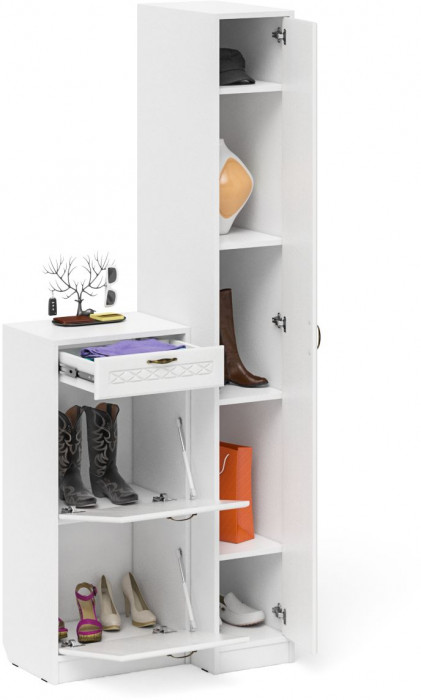 Прихожая П-6 Компоновка № 42, цвет белая шагрень/фасады МДФ белое дерево фрезеровка ромб, ШхГхВ 80х50х210 см., универсальная сборка