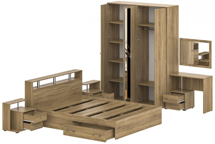 Камелия спальня № 9 Кровать с ящиками 1600 + Две тумбы + Стол космет. + Зеркало + Шкаф 4-х, цвет дуб сонома, сп.м. 1600х2000 мм., б/м, осн. есть
