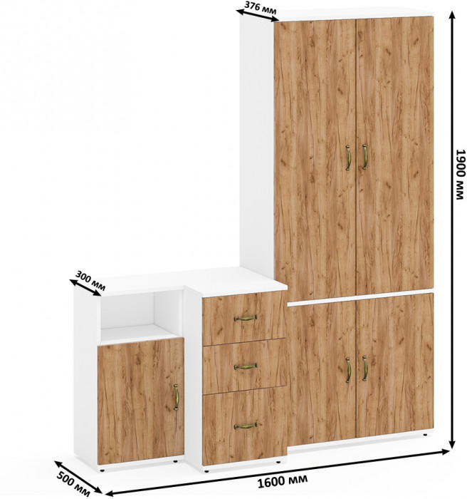 Лидер-8 Шкаф МД 20Б + Тумба МД 3.16 + Тумба МД 3.19, цвет белый шагрень/крафт золото, ШхГхВ 160х50х190 см., НЕ универсальная сборка