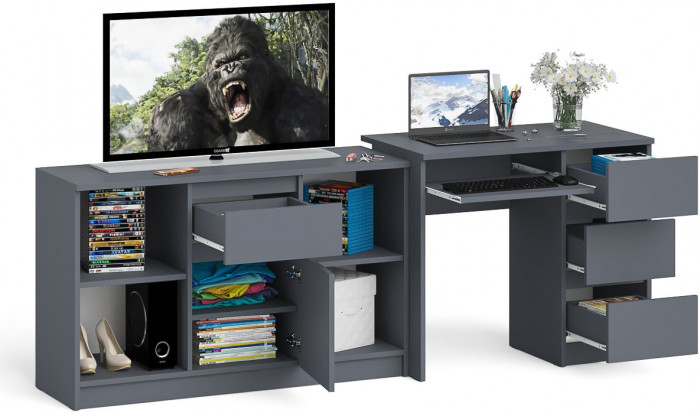 Мори компьютерный стол МС-6 правый + Тумба МТВ1204.1, графит