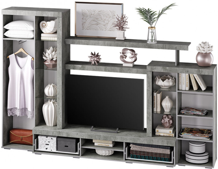 Стенка в гостиную Инстайл ЦС-02, бетон/белый