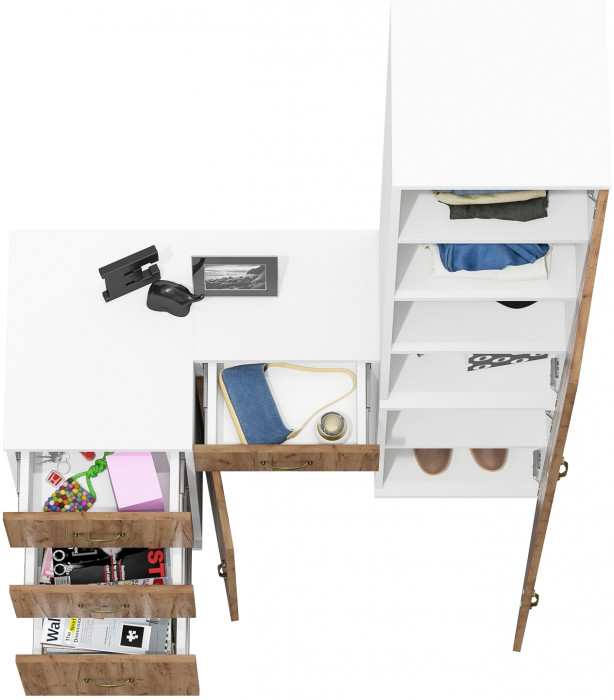 Лидер-8 Пенал МД 22Б + Тумба МД 3.15 + Тумба МД 3.16, цвет белый шагрень/крафт золото, ШхГхВ 120х50х190 см., универсальная сборка