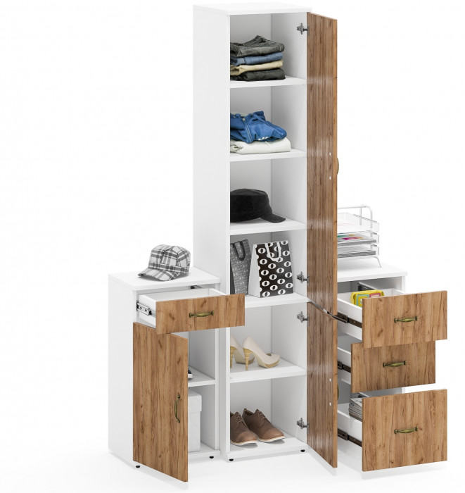 Лидер-8 Пенал МД 22Б + Тумба МД 3.15 + Тумба МД 3.16, цвет белый шагрень/крафт золото, ШхГхВ 120х50х190 см., универсальная сборка