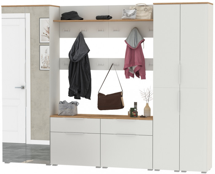 Октава Прихожая 37, цвет белый шагрень/дуб крафт золотой/фасады МДФ белый шагрень, ШхГхВ 258,6х35,4х197,6 см., универсальная сборка