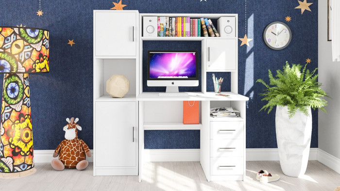 Стол компьютерный С-МД-СК9+Пенал С-МД-СК9П, цвет белый шагрень, ШхГхВ 145х70х160 см., НЕ универсальная сборка