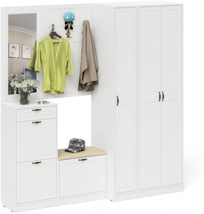 Прихожая П-6 Компоновка № 51, цвет белая шагрень/фасады МДФ белое дерево фрезеровка прованс, ШхГхВ 200х50х210 см., универсальная сборка