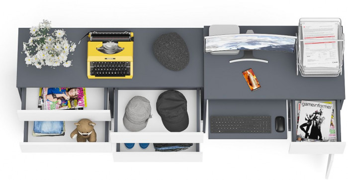 Мори компьютерный стол МС-1 правый + Комод МК1200.6, графит/белый