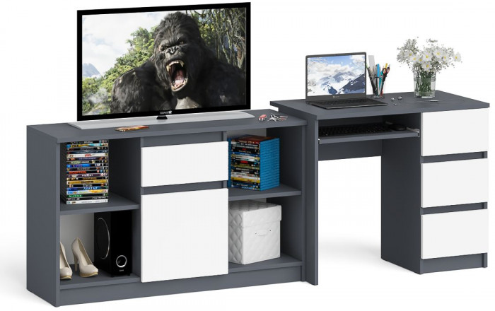 Мори компьютерный стол МС-6 правый + Тумба МТВ1204.1, графит/белый