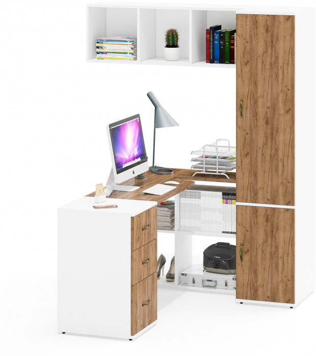 Лидер-8 Стол + Полка + Тумба МД 3.16 + Пенал МД 23Б, цвет белый шагрень/крафт золото, ШхГхВ 245х50/37,5х75/190 или 155х120/50х75/190 см., НЕ ун. сб.