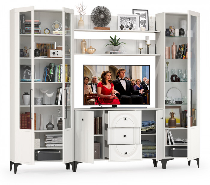 Валенсия Гостиная № 099, цвет ЛДСП белый шагрень/МДФ белый шагрень, ШхГхВ 272,3х38,4х225,2 см., ниша для ТВ 133х38х90 см., универсальная сборка