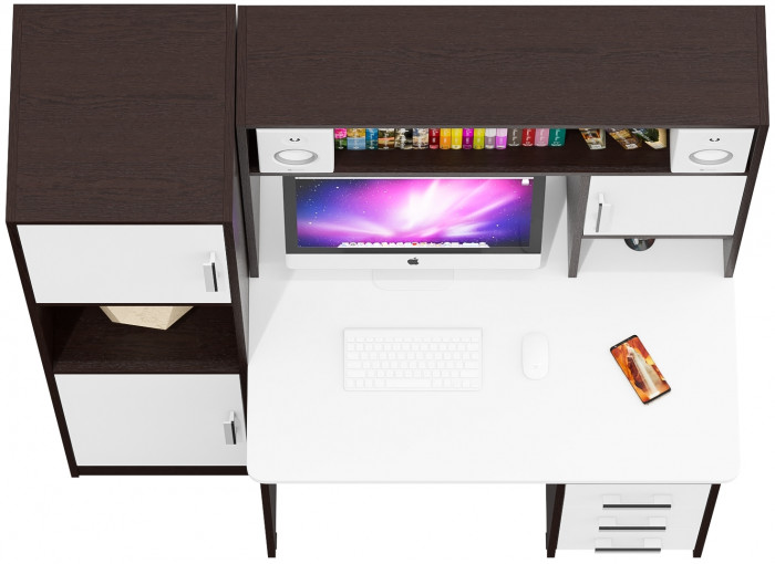 Стол компьютерный С-МД-СК9+Пенал С-МД-СК9П, цвет венге/белый шагрень, ШхГхВ 145х70х160 см., НЕ универсальная сборка