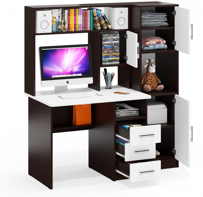 Стол компьютерный С-МД-СК9+Пенал С-МД-СК9П, цвет венге/белый шагрень, ШхГхВ 145х70х160 см., НЕ универсальная сборка