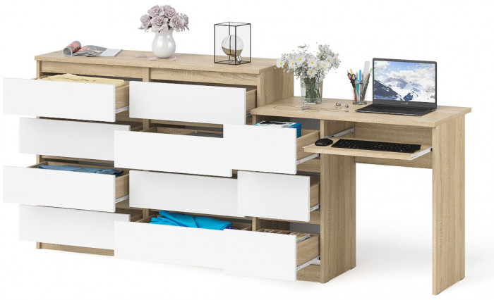 Мори Стол компьютерный МС-6 левый + Комод МК1200.8, цвет дуб сонома/белый, ШхГхВ 210,4х50х94 см., выдвижные ящики слева, НЕ универсальная сборка