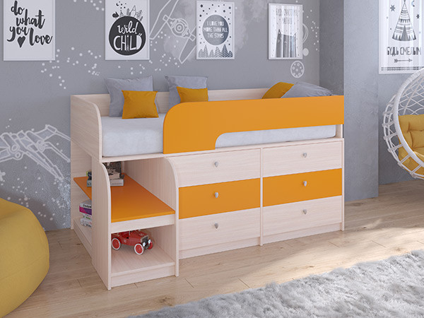 Кровать чердак Астра 9 V3 Дуб молочный/Оранжевый