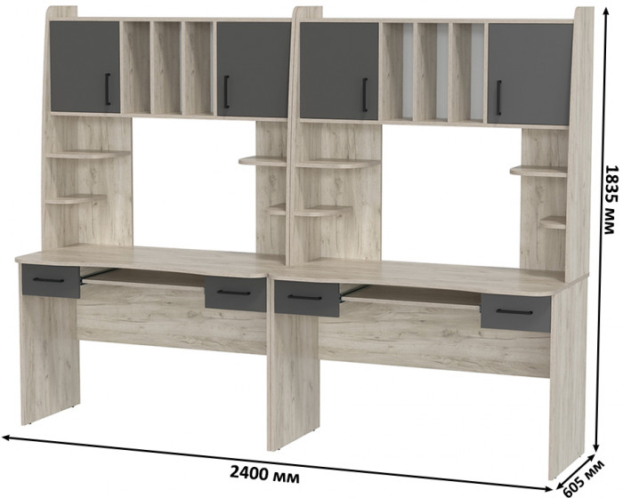 Два стола рабочих 6-0604дкс/граф Бета, цвет дуб крафт серый/графит, ШхГхВ 240х60,5х183,5 см.