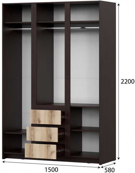 Прага Шкаф для одежды трехстворчатый Дуб Венге/Дуб Делано