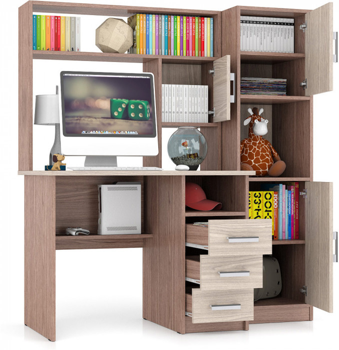 Стол компьютерный С-МД-СК9+Пенал С-МД-СК9П, цвет ясень шимо светлый/ясень шимо тёмный, ШхГхВ 145х70х160 см., НЕ универсальная сборка