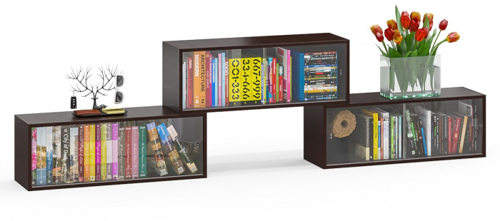 Три полки книжных С-МД-КН01, цвет венге, ШхГхВ размер каждой полки в отдельности: 83х25х30 см., стеклянные дверцы