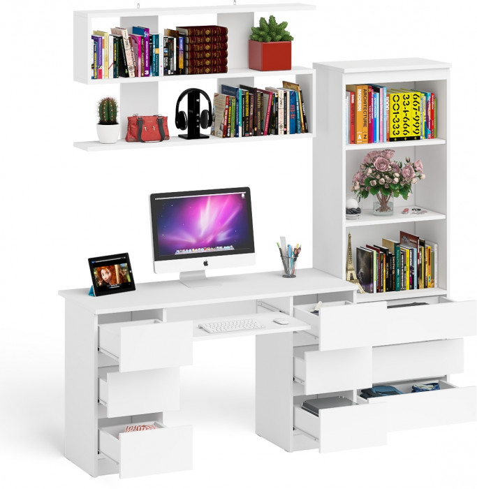 Мори компьютерный стол МС-2 + Стеллаж МСТ600.3 + Полка 1200, белый