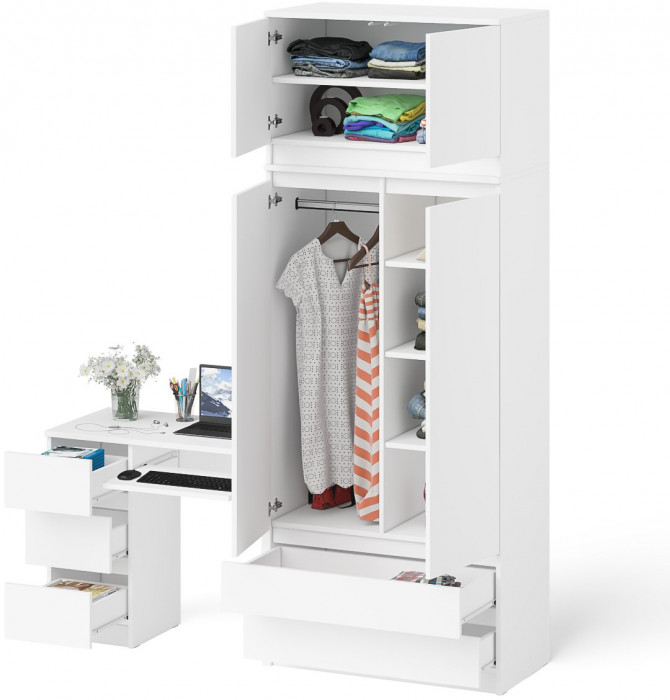 Мори Стол компьютерный МС-6 левый + Шкаф МШ900.1 + Антресоль МА900.1, цвет белый, ШхГхВ 180,4х50,4х234,2 см., выдвижные ящики слева, НЕ универс. сб.