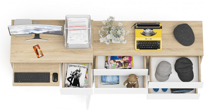 Мори компьютерный стол МС-1 правый + Комод МК1200.6, дуб сонома/белый