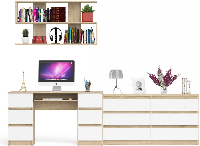 Мори компьютерный стол МС-2 + Комод МК1380.6 + Полка 1200, дуб сонома/белый