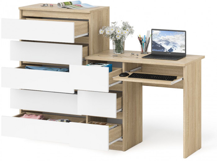 Мори компьютерный стол МС-6 левый + Комод МК700.5, дуб сонома/белый