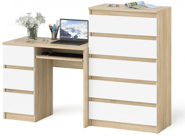Мори компьютерный стол МС-6 левый + Комод МК700.5, дуб сонома/белый