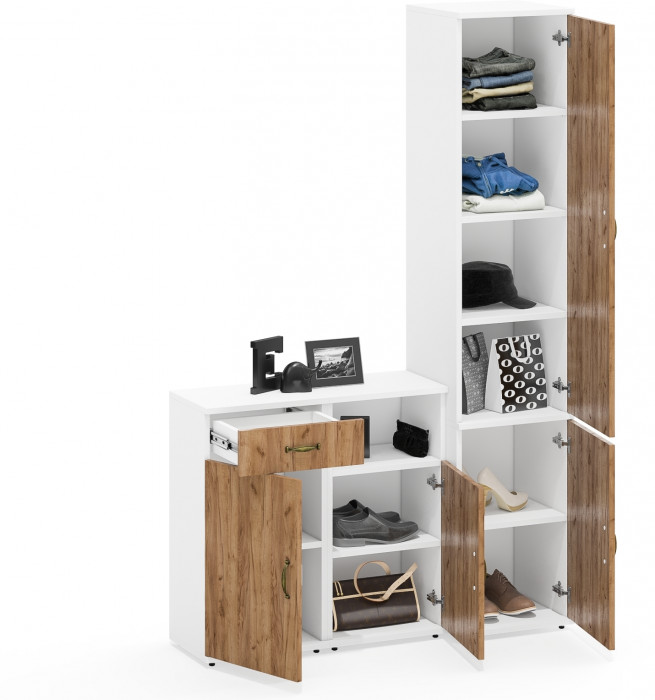 Лидер-8 Пенал МД 22Б + Тумба МД 3.15 + Тумба МД 3.19, цвет белый шагрень/крафт золото, ШхГхВ 120х37,5х190 см., универсальная сборка