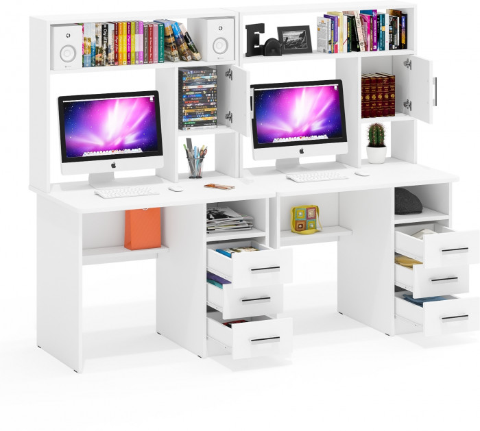 Стол компьютерный С-МД-СК9+Стол компьютерный С-МД-СК9, цвет белый шагрень, ШхГхВ 204х70х160 см., НЕ универсальная сборка