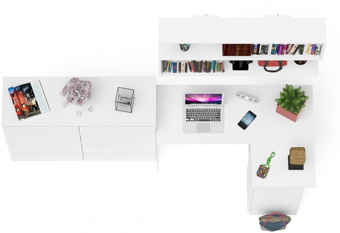 Мори компьютерный стол МС-16 правый + Комод МК1200.8 + Полка 1200, белый