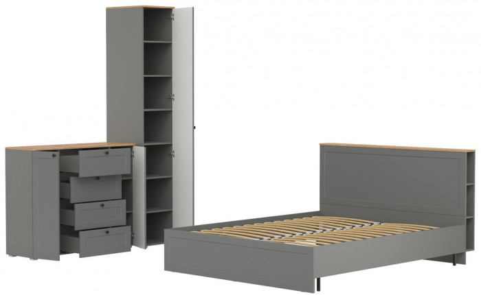 Остин 11.53 Кровать + ортопед + 13.225 Шкаф-пенал + 16.221 Комод, серый графит/дуб крафт золотой