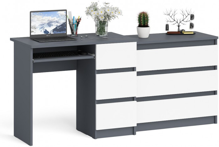 Мори компьютерный стол МС-6 правый + Комод МК800.1, графит/белый