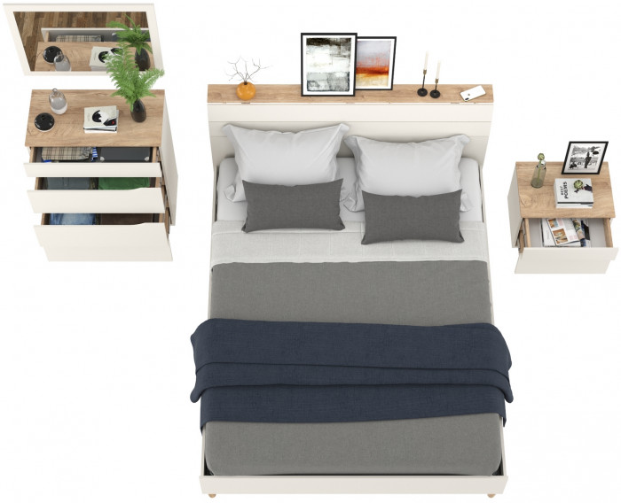 Муссон Кровать 11.41 + ортопед + Тумба 16.03 + Комод 13.97 + Зеркало СВК, цвет белый/дуб эндгрейн элегантный, сп. м. 1600х2000 мм., б/м