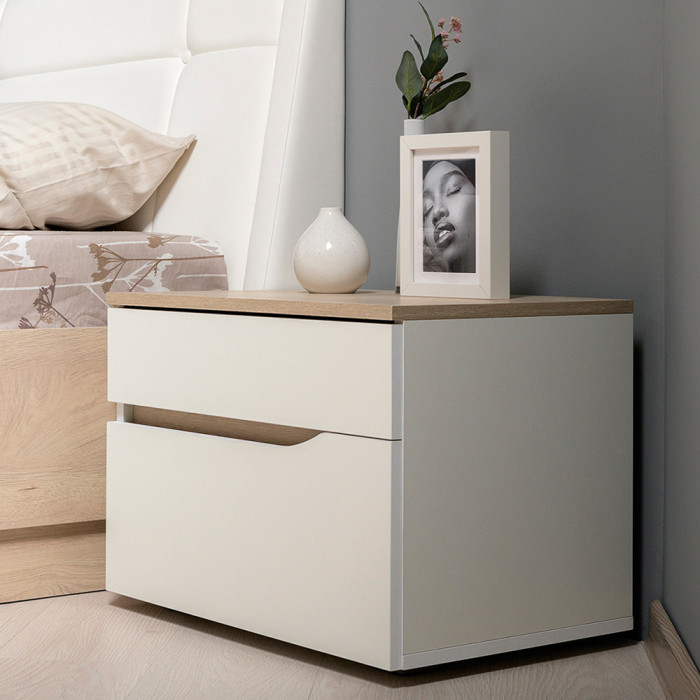 Муссон Кровать 11.41 + ортопед + Тумба 16.03 + Комод 13.97 + Зеркало СВК, цвет белый/дуб эндгрейн элегантный, сп. м. 1600х2000 мм., б/м