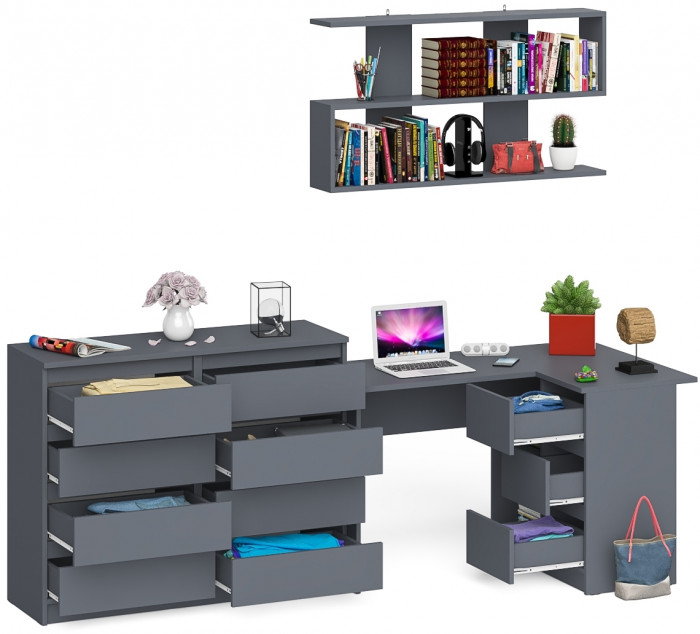 Мори компьютерный стол МС-16 правый + Комод МК1200.8 + Полка 1200, графит