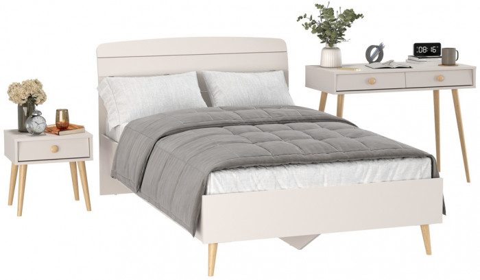 Афина Спальня Кровать 1200 + Стол + Тумба, цвет кашемир серый, ШхГхВ 123,6х210,2х95,7 + 100х45х76 + 45х37х45 см., 1200х2000 мм., б/м, осн. есть