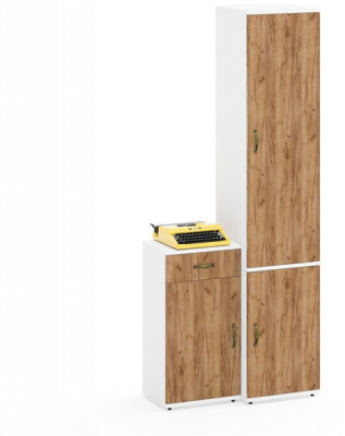 Лидер-8 Пенал МД 22Б + Тумба МД 3.15, цвет белый шагрень/крафт золото, ШхГхВ 80х37,5х190 см., универсальная сборка