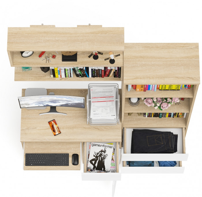 Мори Стол компьютерный МС-1 правый + Стеллаж МСТ600.3 + Полка 900, цвет дуб сонома/белый, ШхГхВ 150,4х50х209,6 см., НЕ универсальная сборка