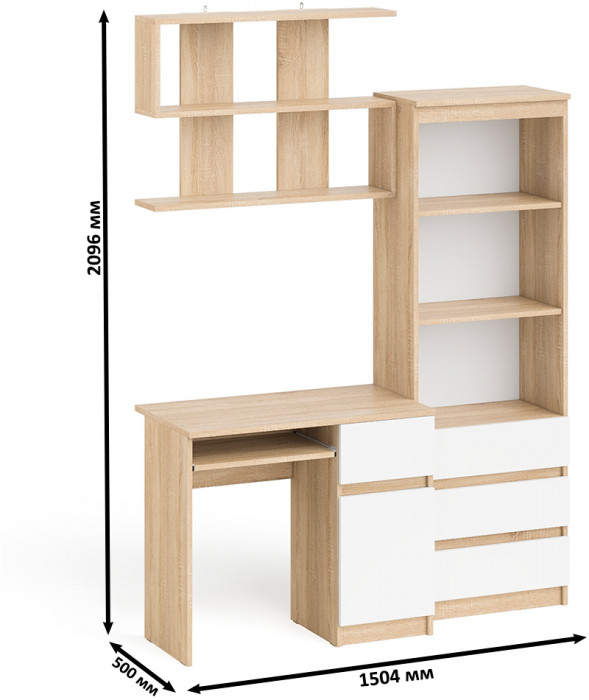 Мори Стол компьютерный МС-1 правый + Стеллаж МСТ600.3 + Полка 900, цвет дуб сонома/белый, ШхГхВ 150,4х50х209,6 см., НЕ универсальная сборка