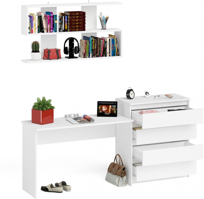 Мори Стол письменный МСП1200.1 + Комод МК800.4 + Полка 1200, цвет белый, ШхГхВ 200,8х50х209,6 см., универсальная сборка