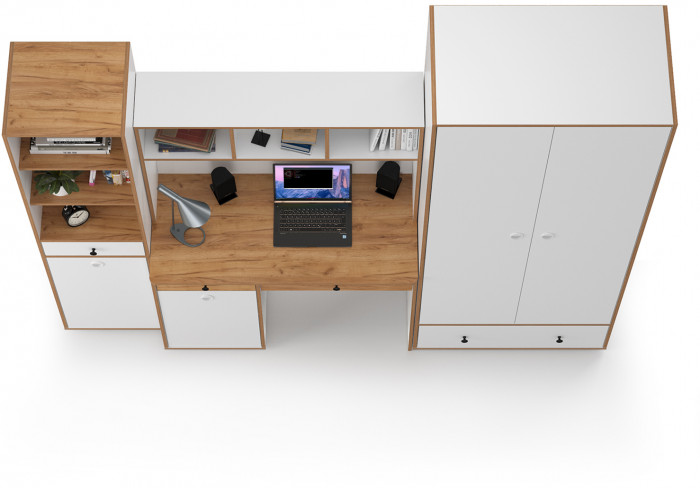 Вуди Компоновка № 24, цвет белый премиум/дуб крафт золотой, ШхГхВ 241х52,7х205 см., универсальная сборка