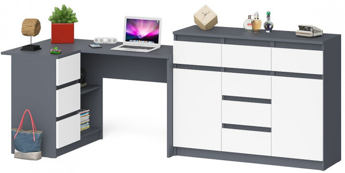 Мори компьютерный стол МС-16 левый + Комод МК1200.4, графит/белый