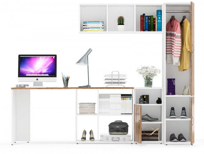 Лидер-8 Стол + Полка + Тумба МД 3.19 + Пенал МД 23Б, цвет белый шагрень/крафт золото, ШхГхВ 245х50х75/190 или 115х160/50х75/190 см., НЕ ун. сб.