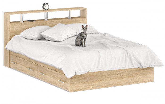 Камелия спальня № 12 Кровать с ящиками 1400 + Две тумбы + Комод + Зеркало, цвет дуб сонома, сп.м. 1400х2000 мм., б/м, основание есть