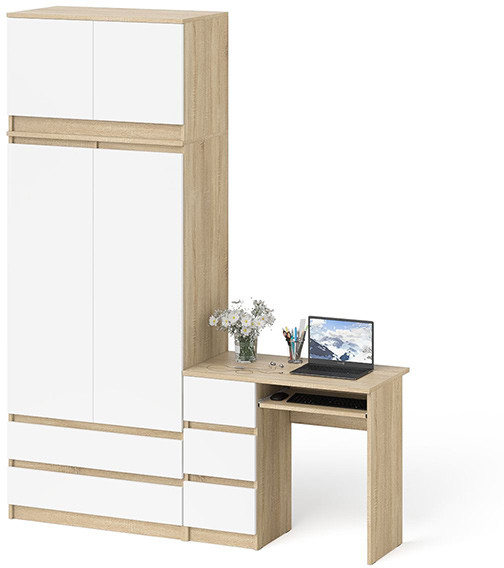 Мори Стол компьютерный МС-6 левый + Шкаф МШ900.1 + Антресоль МА900.1, цвет дуб сонома/белый, ШхГхВ 180,4х50,4х234,2 см., выдвиж. ящ. слева, НЕ ун. сб.