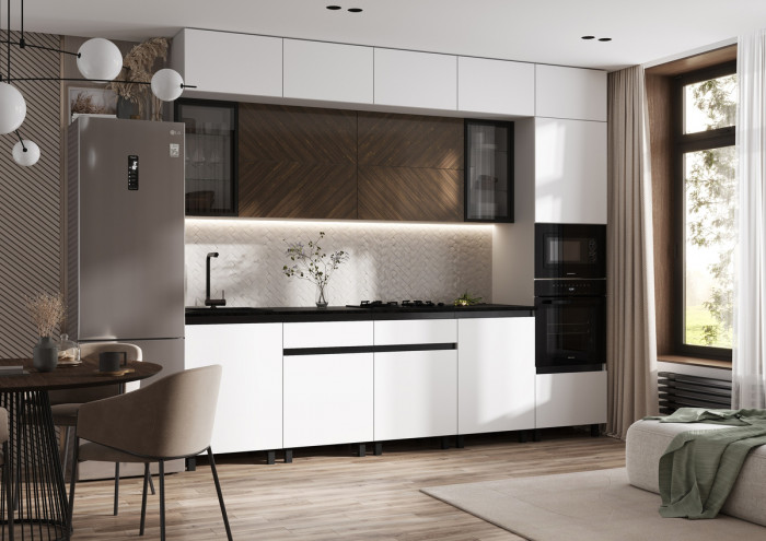 Кухня Техно-6 3,0/1080м, Белый/Белый снег софт/Прайм орех