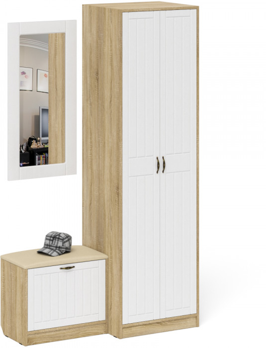 Прихожая П-6 Компоновка № 11, цвет дуб сонома/фасады МДФ белое дерево фрезеровка прованс, ШхГхВ 120х50х210 см., универсальная сборка